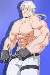  1boy abs bara beard blush bulge facial_hair fangs feet_out_of_frame katana kito_(clamp5656) kresnik_(housamo) large_pectorals long_hair male_focus mature_male muscular muscular_male navel nipples pants pectorals ponytail smile solo stomach sword thick_thighs thighs tokyo_afterschool_summoners topless_male weapon white_hair white_pants 