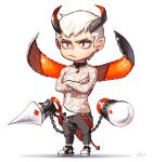  1boy black_horns brown_pants crossed_arms earrings glint highres horns jewelry male_focus multicolored_horns original pants pointy_ears red_eyes red_horns rinotuna see-through_shirt shadow shoes short_hair simple_background solo white_background white_hair 