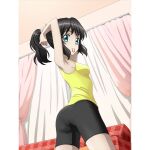  1girl armpits artist_request ass bike_shorts black_hair black_shorts blue_eyes blush breasts from_below gym_uniform indoors kohinata_miku medium_breasts official_art panties_under_bike_shorts senki_zesshou_symphogear senki_zesshou_symphogear_xd_unlimited shiny shiny_hair short_hair shorts smile solo standing tank_top tying_hair yellow_tank_top 