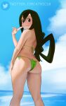  1girl :&gt; alternate_costume ass asui_tsuyu atric18 back beach bikini black_eyes boku_no_hero_academia bow_by_hair day frog_girl from_behind green_bikini green_eyes green_hair hair_between_eyes hair_rings highres long_hair long_tongue looking_at_viewer looking_back low-tied_long_hair outdoors panties side-tie_bikini side-tie_panties solo standing string_bikini swimsuit tongue tongue_out underwear water wet 