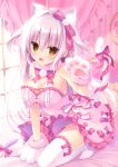  1girl :d animal_ear_fluff animal_ears animal_hands bangs bare_shoulders between_legs bow breasts brown_eyes cat_ears cat_girl cat_tail cat_teaser cleavage commentary_request day dress eyebrows_visible_through_hair fang frilled_dress frilled_legwear frilled_pillow frills fur-trimmed_gloves fur_trim gloves grey_hair groin hair_between_eyes hand_between_legs hasune highres indoors kneeling large_breasts long_hair looking_at_viewer no_shoes original paw_gloves pillow pink_dress red_bow smile solo strapless strapless_dress striped sunlight tail tail_bow tail_ornament tail_raised thighhighs two_side_up vertical_stripes very_long_hair white_gloves white_legwear window 