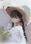  1girl absurdres blue_eyes blurry bouquet braid brown_hair closed_mouth commentary dress earrings expressionless flower_earrings grey_background hat highres holding holding_bouquet jewelry long_hair looking_at_viewer original solo sun_hat twin_braids upper_body white_dress zygocactus 