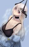  1girl arknights bangs black_choker black_tank_top breasts choker cleavage closed_mouth coat ear_piercing elite_ii_(arknights) hair_between_eyes hair_ornament highres horns kojima_(blue_stardust) large_breasts long_hair mudrock_(arknights) off_shoulder piercing tank_top white_coat white_hair 