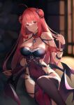  1girl ahoge arm_support bare_shoulders blurry breasts cleavage commentary_request covered_navel demon_wings depth_of_field double_bun dress erze_(king&#039;s_raid) hand_up highres king&#039;s_raid large_breasts long_hair looking_at_viewer pelvic_curtain red_eyes red_hair revision sitting smile solo suzuame_yatsumi thighhighs very_long_hair wings 