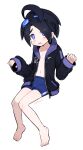  1boy ahoge allister_(pokemon) alternate_costume barefoot black_hair black_hoodie blue_male_swimwear blush bright_pupils collarbone commentary_request full_body goggles goggles_on_head hands_up highres himawari_(kawaisounaedesu) hood hood_down hoodie knees knees_together_feet_apart long_sleeves looking_at_viewer male_focus male_swimwear mole mole_under_mouth navel open_clothes open_hoodie open_mouth pokemon pokemon_(game) pokemon_swsh purple_eyes raised_eyebrows short_hair signature sleeves_past_wrists solo swim_trunks toes tongue white_pupils zipper zipper_pull_tab 