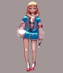  1girl bangs bare_legs blue_eyes full_body grey_background hair_ornament hand_in_pocket highres holding long_hair long_sleeves looking_at_viewer orange_hair original parted_lips print_shirt rinotuna shadow shirt shoes simple_background smile socks solo standing tongue tongue_out 
