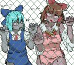  2girls annyui_(cookie) apron bad_id bad_twitter_id bangs blue_bow blue_dress blue_hair blunt_bangs bow breasts brown_hair chain-link_fence cirno collared_shirt colored_skin commentary_request cookie_(touhou) cowboy_shot detached_sleeves dress eyebrows_visible_through_hair fence frilled_bow frilled_hair_tubes frills grey_skin hair_bow hair_tubes hakurei_reimu half_updo looking_at_another looking_at_viewer looking_to_the_side medium_breasts medium_hair multiple_girls neck_ribbon necktie no_pupils ohasi open_mouth pinafore_dress pink_apron puffy_short_sleeves puffy_sleeves red_bow red_neckwear red_shirt ribbon rurima_(cookie) shirt short_hair short_sleeves torn_apron touhou translated white_background white_shirt white_sleeves yellow_necktie zombie zombification 