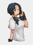  1girl black_hair blue_eyes brown_gloves closed_mouth dragon_ball dragon_ball_z fingerless_gloves gloves grey_background kemachiku looking_at_viewer shirt short_sleeves simple_background solo t-shirt twintails upper_body videl white_shirt 