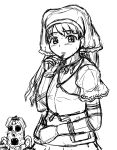  1girl akatuki_(yamina) bangs blush commentary_request eyebrows_visible_through_hair frown greyscale haniwa_(statue) haniyasushin_keiki head_scarf highres knife long_hair magatama magatama_necklace monochrome paintbrush short_sleeves simple_background single_strap sketch solo tools touhou white_background 