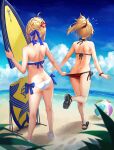  2girls ahoge anger_vein artoria_pendragon_(fate) artoria_pendragon_(swimsuit_archer)_(fate) ass back ball bare_shoulders beach beachball bikini blonde_hair braid broken butt_crack day fate/grand_order fate_(series) flying_sweatdrops full_body hair_bun halterneck highres mordred_(fate) mordred_(swimsuit_rider)_(fate) mother_and_daughter multiple_girls outdoors ponytail red_scrunchie revision sand sandals scrunchie side-tie_bikini sky sleeveless standing string_bikini surfboard swimsuit tonee water 