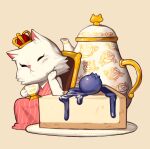  blueberry brown_background cat chair cheesecake crown cup dress food fruit highres holding holding_cup no_humans original pink_dress plate rinotuna simple_background sitting sleeveless sleeveless_dress solo teapot white_cat 