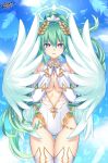  1girl absurdres angel_wings bare_shoulders breasts choujigen_game_neptune cleavage elbow_gloves four_goddesses_online:_cyber_dimension_neptune gloves green_hair green_heart halo headgear highres large_breasts lewdkuma long_hair neptune_(series) ponytail power_symbol purple_eyes solo symbol-shaped_pupils thighhighs vert_(neptune_series) very_long_hair wings 