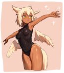  1girl bangs black_leotard breasts cowboy_shot dark-skinned_female dark_skin detached_wings feathered_wings leotard medium_breasts original outstretched_arms pink_background rinotuna short_hair simple_background solo sparkle white_hair white_wings wings yellow_eyes 
