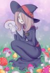  1girl artist_name english_commentary eyeshadow grey_eyeshadow hair_over_one_eye hat highres light_purple_hair little_witch_academia long_hair luna_nova_school_uniform makeup mushroom pale_skin pink_hair red_eyes school_uniform sharp_teeth sucy_manbavaran susukitten teeth witch witch_hat 