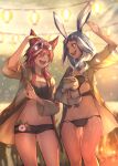  2girls animal_ears arm_up avatar_(ffxiv) bikini black_bikini black_tube_top blurry blurry_background cat_ears collarbone commentary_request commission cowboy_shot english_commentary eye_contact eyewear_on_head facial_mark final_fantasy final_fantasy_xiv hide_(hideout) highres lantern looking_at_another miqo&#039;te mixed-language_commentary multicolored_hair multiple_girls open_mouth paper_lantern purple-tinted_eyewear purple_hair rabbit_ears red_hair skeb_commission smile sparkle streaked_hair sunglasses swimsuit teeth tinted_eyewear upper_teeth viera whisker_markings white_hair 