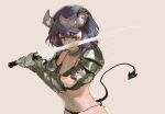  1girl absurdres armor beige_background bikini black_bikini brown_eyes commentary_request demon_horns demon_tail gauntlets highres holding holding_sword holding_weapon horns looking_at_viewer navel open_mouth original purple_hair short_hair shoulder_armor simple_background solo sweat swimsuit sword tail transparent_sword upper_body weapon zygocactus 