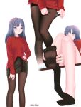  1girl absurdres blue_eyes blue_hair dressing feet highres legs magia_record:_mahou_shoujo_madoka_magica_gaiden mahou_shoujo_madoka_magica nanami_yachiyo pantyhose radio.broom red_sweater skirt sweater 