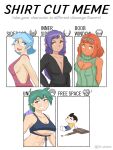  1boy 4girls abs absurdres aqua_hair black_hair breasts cleavage english_text glasses green_hair headband highres long_hair meme multiple_girls open_mouth orange_hair original parted_lips pointy_ears purple_hair shirt_cut_(meme) short_hair sideboob smile talalios underboob upper_body 