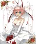  1girl ahoge animal_ears blue_eyes blush bracelet breasts bridal_veil bride cleavage clover collarbone detached_sleeves dress elphelt_valentine eyebrows_visible_through_hair fake_animal_ears flower four-leaf_clover gloves guilty_gear guilty_gear_xrd hairband highres huge_ahoge jewelry large_breasts makiba_(mgmgcat) open_mouth petals pink_hair rabbit_ears rose shaded_face short_hair simple_background smile solo spiked_bracelet spiked_hairband spikes veil wedding_dress white_background white_gloves white_sleeves 