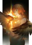  1girl akakokko_(niro_azarashi) birdmen breasts brown_wings character_name commentary_request feathered_wings freckles green_eyes highres light_rays navel nipples nude orange_hair parted_lips robin_howard short_hair simple_background small_breasts solo wings 