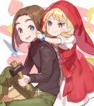  1boy 1girl blonde_hair blue_eyes bracelet braid brown_hair closed_mouth dragon_quest dragon_quest_xi dress hair_over_shoulder hat hero_(dq11) jewelry kanyoko_(yuzukano_17) long_hair open_mouth red_headwear smile twin_braids veronica_(dq11) 