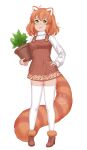  1girl :3 ahoge artist_name breasts brown_hair fang fang_out green_eyes hair_ornament hand_on_hip highres lips looking_at_viewer medium_breasts original red_panda_ears red_panda_girl red_panda_tail short_hair solo susukitten sweater white_sweater x_hair_ornament 
