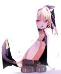  1girl :d absurdres animal_ears animal_hands ass bangs blending blonde_hair blush cat_ears cat_tail collar flat_chest gloves highres looking_at_viewer makaino_ririmu multicolored_hair nijisanji nude paw_gloves paw_shoes pink_hair purple_eyes smile solo squatting sweat tail twintails two-tone_hair utsusumi_kio virtual_youtuber 