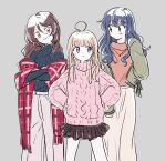  3girls :3 ahoge black_sweater blouse blue_hair blunt_ends blush brown_hair brown_pants brown_skirt closed_mouth commentary cowboy_shot earrings expressionless fashion frilled_skirt frills green_eyes grey_background hair_down jewelry koizumi_uta light_brown_hair long_hair long_skirt looking_at_another miniskirt mokeo multiple_girls necklace orange_blouse pants pendant pink_sweater plaid plaid_scarf pom_pom_(clothes) pom_pom_earrings purple_eyes ribbed_sweater scarf selection_project simple_background sketch skirt smile sweater touma_mako turtleneck turtleneck_sweater wavy_hair yamaga_shiori yellow_eyes 