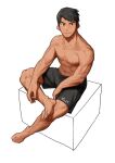  1boy abs bare_legs barefoot biceps black_hair black_shorts feet full_body highres male_focus muscular muscular_male original pectorals rinotuna shadow short_hair shorts simple_background sitting smile solo toes topless_male white_background 
