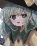  1girl :d absurdres bangs black_headwear blush bow commentary_request dorowa_(drawerslove) eyebrows_visible_through_hair face frilled_shirt_collar frills green_eyes green_hair hat hat_bow highres komeiji_koishi long_hair looking_at_viewer shirt simple_background smile solo swept_bangs third_eye touhou upper_body white_background yellow_bow yellow_shirt 