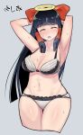  1girl armpits arms_up bad_id bad_twitter_id bangs black_bra black_hair blunt_bangs bow bra breasts closed_eyes commentary_request cookie_(touhou) cowboy_shot cropped_legs eyebrows_visible_through_hair grey_bra hair_bow hair_tubes hakurei_reimu halo lace lace_bra lace_panties large_breasts long_hair navel ohasi open_mouth panties red_bow simple_background solo sweat touhou two-tone_bra two-tone_panties underwear underwear_only yamasaka_aimi 