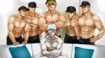  6+boys abs bangs bara baseball_cap black_male_underwear blonde_hair blush briefs closed_mouth couch crossed_arms faceless faceless_male grin hair_over_one_eye hands_on_hips hat hataraku_saibou highres indian_style kagami06art killer_t_(hataraku_saibou) large_pectorals looking_at_viewer male_focus male_underwear meme multiple_boys muscular muscular_male navel on_couch one_eye_covered pectorals pillow piper_perri_surrounded_(meme) short_hair sitting smile standing topless_male u-1146 underwear white_hair white_male_underwear yaoi 