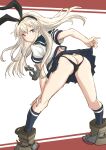  1girl ass black_panties blonde_hair blue_sailor_collar blue_skirt butt_crack commentary_request cosplay from_behind fubuki_(kancolle) fubuki_(kancolle)_(cosplay) fuji_(pixiv24804665) grey_eyes highres kantai_collection leaning_forward long_hair looking_at_viewer looking_back panties pleated_skirt sailor_collar school_uniform serafuku shimakaze_(kancolle) skirt solo underwear 