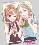  2girls ;d antenna_hair aqua_eyes blonde_hair blue_shirt bow bowtie braid braided_bangs brown_eyes brown_hair brown_ribbon brown_vest bubble_tea bubble_tea_challenge collared_shirt colored_inner_hair commentary_request cropped_torso cup disposable_cup drink drinking_straw earrings episode_number episode_title framed green_bow green_bowtie grey_background hair_bow highres holding holding_cup jewelry kaaaaaappe kurusu_seira long_hair lower_teeth miyama_suzune multicolored_hair multiple_girls neck_ribbon one_eye_closed open_mouth orange_bow pink_hair ribbon round_teeth school_uniform selection_project shirt simple_background smile teeth translation_request two-handed upper_teeth vest wavy_hair white_shirt 