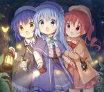  3girls :o absurdres animal anko_(gochiusa) bangs baseball_cap black_jacket black_vest blue_bow blue_capelet blue_eyes blue_hair blue_headwear blue_skirt bow brown_hair brown_headwear brown_jacket brown_skirt bug bunny butterfly capelet chimame-tai collared_shirt crown eyebrows_visible_through_hair fang flashlight gochuumon_wa_usagi_desu_ka? hair_between_eyes hair_ornament hat highres holding holding_lantern jacket jouga_maya kafuu_chino lantern long_hair long_sleeves md5_mismatch mini_crown multiple_girls natsu_megumi necktie night open_clothes open_jacket open_mouth outdoors pleated_skirt purple_necktie red_bow red_eyes shirt skirt stick_jitb tree twintails very_long_hair vest white_shirt wild_geese x_hair_ornament yellow_butterfly yellow_eyes 