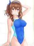  1girl absurdres blue_eyes blue_hairband blue_swimsuit breasts ca_paria collarbone commentary_request competition_swimsuit cowboy_shot curly_hair hairband highleg highleg_swimsuit highres idolmaster idolmaster_cinderella_girls invisible_chair long_hair looking_at_viewer medium_breasts one-piece_swimsuit sagisawa_fumika short_hair simple_background sitting solo swimsuit white_background 