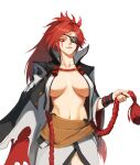  1girl baiken black_coat bracer breasts coat coat_on_shoulders collarbone commentary cowboy_shot eyepatch facepaint facial_mark forehead_mark grey_skirt guilty_gear guilty_gear_xrd highres holding holding_rope jason_kim large_breasts long_hair looking_at_viewer navel one_eye_covered parted_lips ponytail red_eyes red_hair rope simple_background skirt solo stomach white_background 