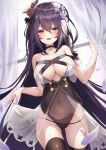  1girl :d absurdres ass_visible_through_thighs bangs belt black_hair black_neckwear black_panties black_ribbon blush breasts cleavage covered_navel curtains flower hair_between_eyes hair_down hair_flower hair_ornament hair_over_shoulder hair_ribbon highres horns large_breasts long_hair looking_at_viewer navel open_mouth original panties purple_hair red_eyes ribbon rigorigo see-through smile solo standing thighhighs thighs underwear window witch 