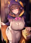  1girl absurdres bangs beige_dress blue_gk blush breasts brown_hair cleavage cleavage_cutout cloak clothing_cutout commentary_request halloween highres hood hood_up hooded_cloak large_breasts looking_at_viewer original purple_eyes short_hair sideboob smile solo thick_thighs thighs 