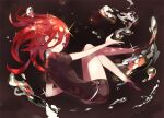  1other ahoge androgynous cinnabar_(houseki_no_kuni) closed_mouth colored_eyelashes frown gem_uniform_(houseki_no_kuni) hair_between_eyes houseki_no_kuni kanyoko_(yuzukano_17) long_hair mercury_(element) necktie red_eyes red_hair short_sleeves shorts simple_background solo 