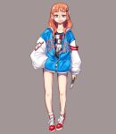  1girl bangs bare_legs blue_eyes full_body grey_background hair_ornament hand_in_pocket highres holding long_hair long_sleeves orange_hair original parted_lips print_shirt rinotuna shirt shoes simple_background smile socks solo standing tongue tongue_out 