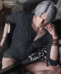  1boy 3d artist_name bangs black_shirt blurry blurry_background bracelet chair dante_(devil_may_cry) devil_may_cry_(series) devil_may_cry_5 devil_sword_dante facial_hair flaccid grey_hair hand_on_own_cheek hand_on_own_face head_rest jewelry leg_hair male_focus mo0nxart naked_shirt on_chair patreon_username pectorals penis reward_available shirt short_hair sitting sleeves_rolled_up solo sword thick_thighs thighs weapon wristband 