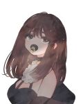  1girl bangs bare_shoulders bib breasts brown_hair choker crop_top highres jacket looking_at_viewer mamaloni mamaloni_(character) medium_hair original oversized_clothes pacifier self-portrait simple_background solo white_background yellow_eyes 
