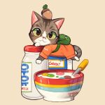  acorn backpack bag black_eyes bottle brown_background cat cereal cereal_box colored_sclera green_bag green_sclera highres milk_bottle no_humans object_on_head orange_jumpsuit original rinotuna simple_background solo 