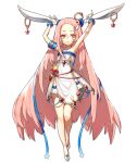  1girl animal_ears armpits arms_up bare_shoulders dress ear_piercing long_hair original piercing pink_eyes pink_hair rabbit_ears rinotuna shadow shoes simple_background solo strapless strapless_dress very_long_hair white_background white_dress white_footwear 