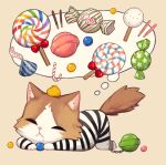  animal_on_head bird bird_on_head bow brown_background candy candy_cane cat food highres lollipop no_humans on_head original pocky red_bow rinotuna simple_background solo tail thought_bubble 