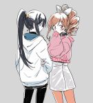  2girls black_hair black_pants black_sweater blue_eyes blush bow brown_eyes brown_hair commentary covering_mouth cowboy_shot fashion from_behind grey_background grey_bow hair_bow hananoi_rena hand_over_own_mouth highres hood hoodie jacket locked_arms long_hair looking_at_viewer looking_back miniskirt miyama_suzune mokeo multiple_girls orange_legwear pants pantyhose pencil_skirt pink_jacket ponytail selection_project serious sidelocks sideways_glance simple_background sketch skirt sweater turtleneck turtleneck_sweater wavy_hair white_hoodie white_skirt 