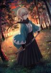  1girl alternate_hairstyle bangs black_hakama black_scarf blonde_hair closed_mouth cloud commentary_request eyebrows_visible_through_hair fate/grand_order fate_(series) forest grass green_eyes hair_between_eyes hakama hakama_skirt haori highres holding holding_sword holding_weapon japanese_clothes katana kaze_minoru_so-ru kimono koha-ace looking_at_viewer nature okita_souji_(fate) okita_souji_(koha/ace) open_clothes outdoors ponytail scarf sheath sheathed shinsengumi short_hair short_ponytail sidelocks skirt sky solo sunlight sword tree weapon white_kimono wide_sleeves 