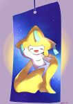  :d arm_up blush border closed_eyes commentary_request facing_viewer full_body grey_border highres jirachi no_humans open_mouth pokemon pokemon_(creature) pokke_tuki smile solo tongue twitter_username 