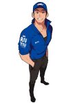  1boy black_pants blue_headwear blue_shirt full_body hands_in_pockets highres looking_at_viewer male_focus original pants parted_lips print_headwear print_shirt rinotuna shadow shirt short_sleeves simple_background smile solo standing white_background 